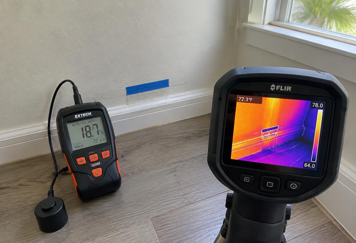 Moisture meter and infrared camera checking a suspect wall during a professional mold assessment