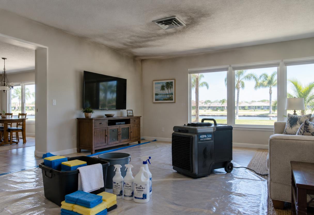 Living room ceiling with smoke staining near a vent, professional cleaning supplies and an air scrubber set up below