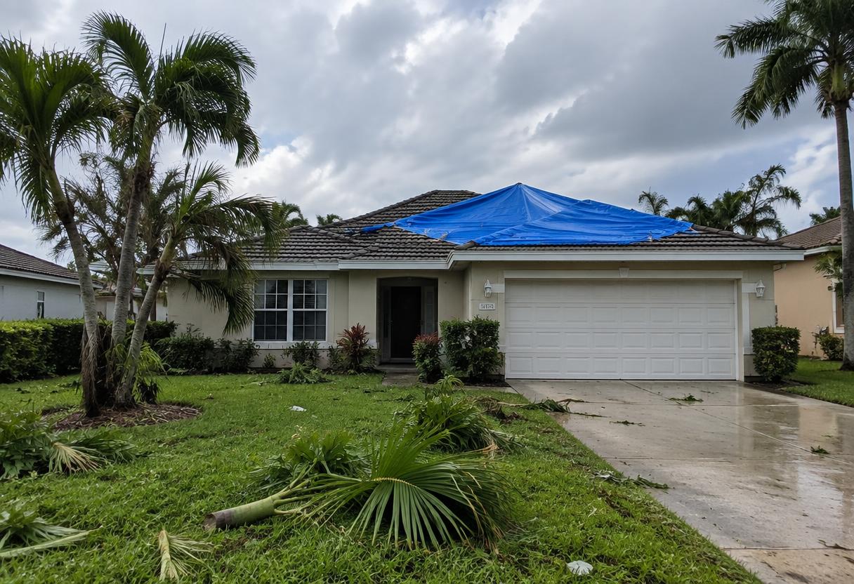 South Florida home with a blue tarp secured over storm-damaged roof sections and debris on the lawn