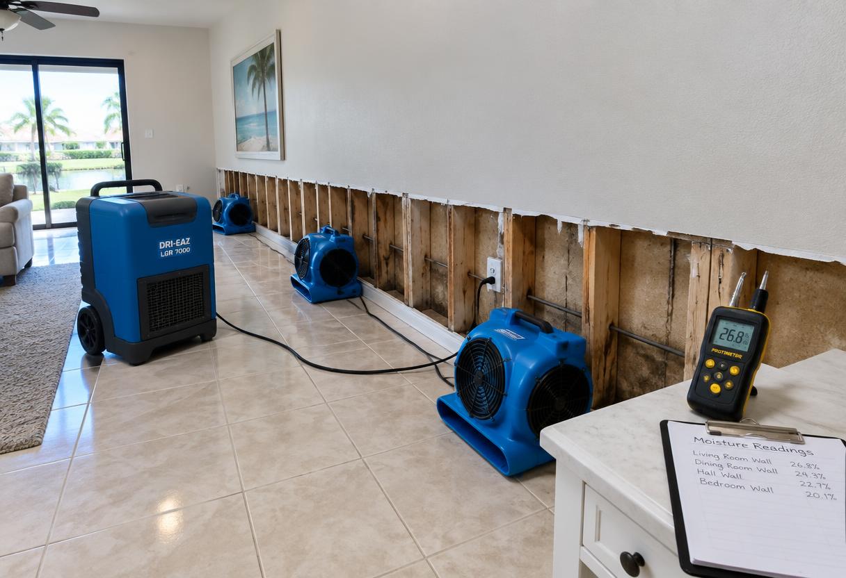 Open wall cavity in a Florida home being dried with air movers and a dehumidifier, moisture meter reading nearby