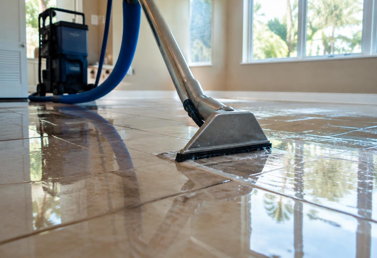 Professional extraction wand pulling water out of a wet floor in a Boca Raton home